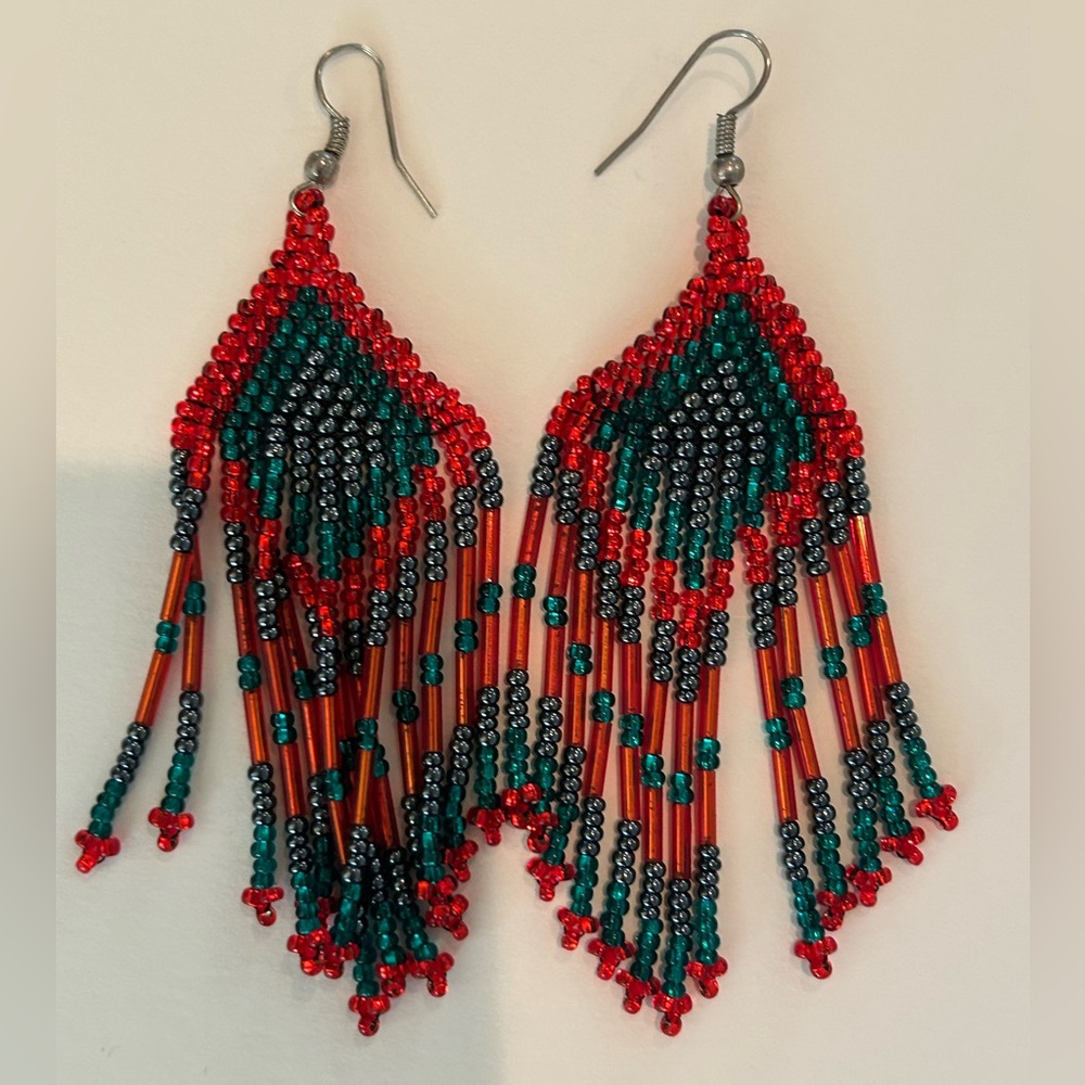 Handmade Beaded Fringe Earrings - Red & Teal seed bead boho festival dangle